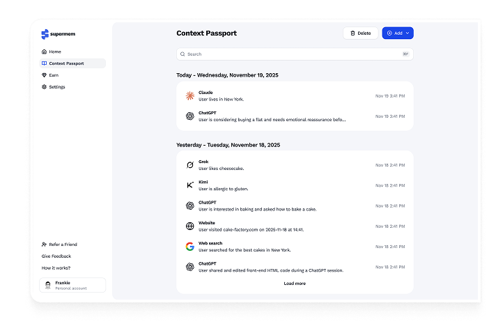 Context Passport interface showing saved context entries